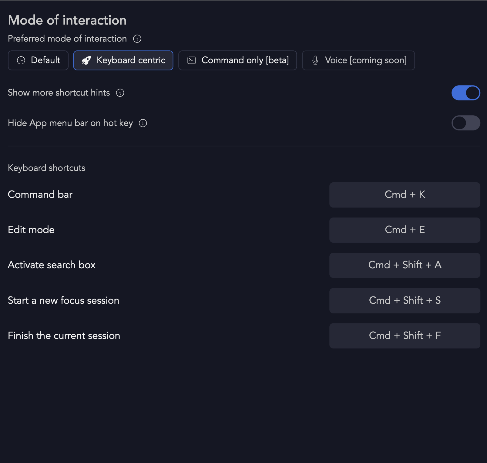 Mode of interaction settings